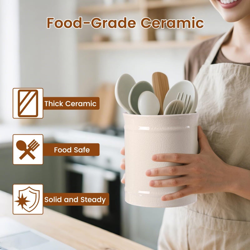 SZUAH Kitchen Utensil Holder, Larger Ceramic Utensil Crock for Kitchen Counter top & Dining Table (Cream, 5.9" x 5.9" x 6.7") - Image 2
